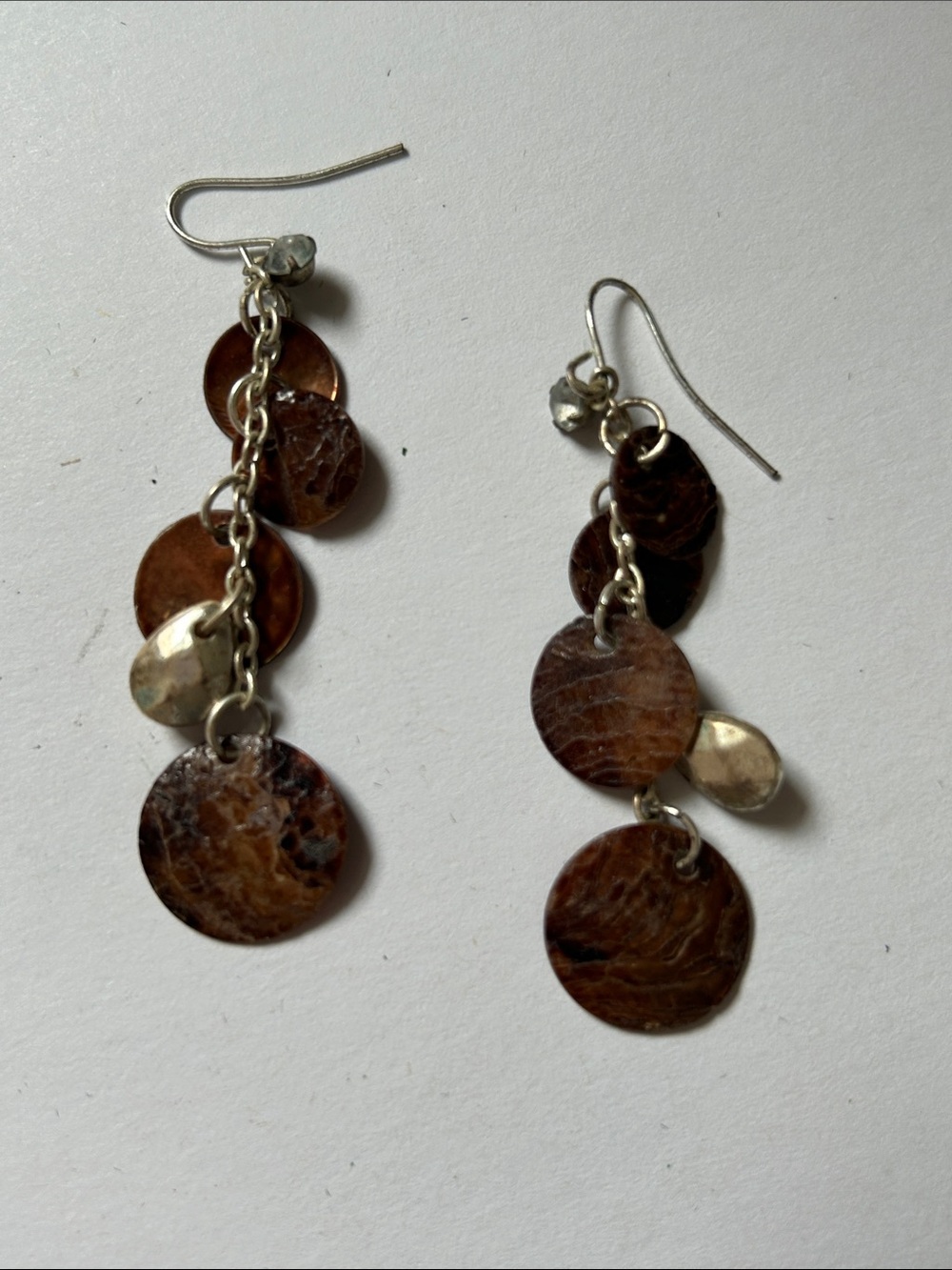 Brown Disc Cascade Earrings with Silver Accents j42